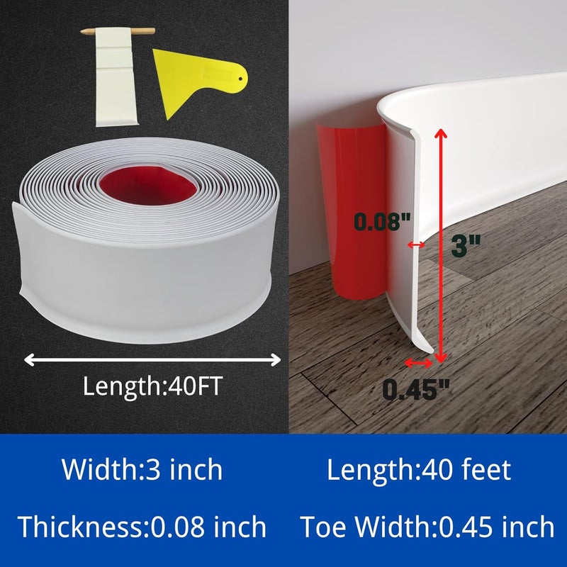 COUKIU Flexible Baseboard Molding Trim, 3 Inch x 20 Feet Self-Adhesive Vinyl Wall Base Cove Base, Peel and Stick Rubber Wall Base Moulding Trim(S76, White) - Image 2